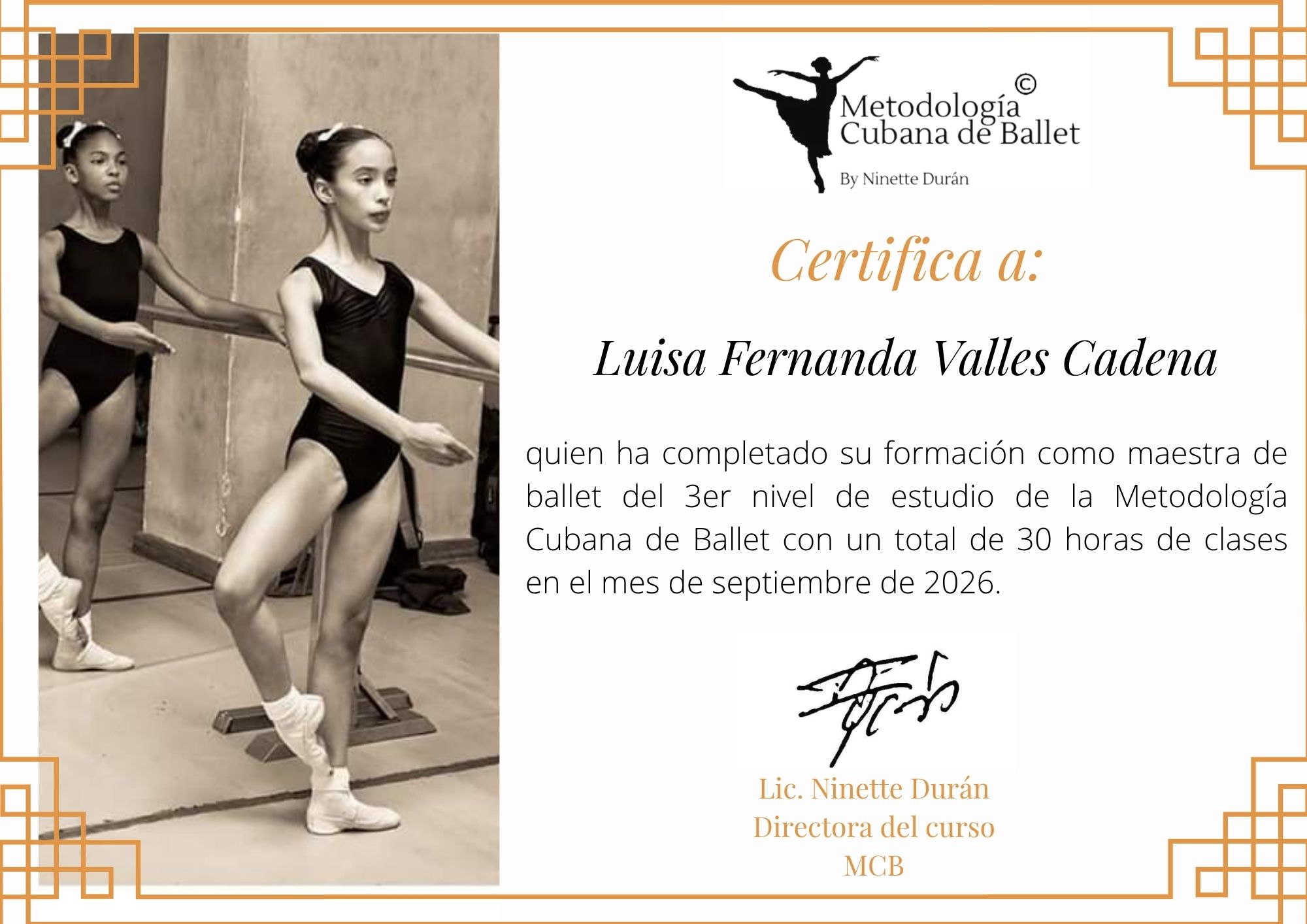 Constancia de tercer nivel de Metodología Cubana de Ballet de Luisa Fernanda Valles Cadena.